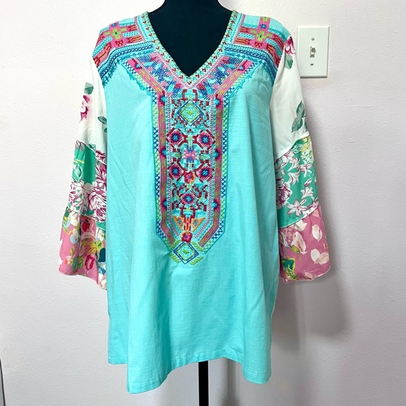 calaas Tops - Turquoise Embroidered 3/4 tiered bell Sleeve Tunic 1X